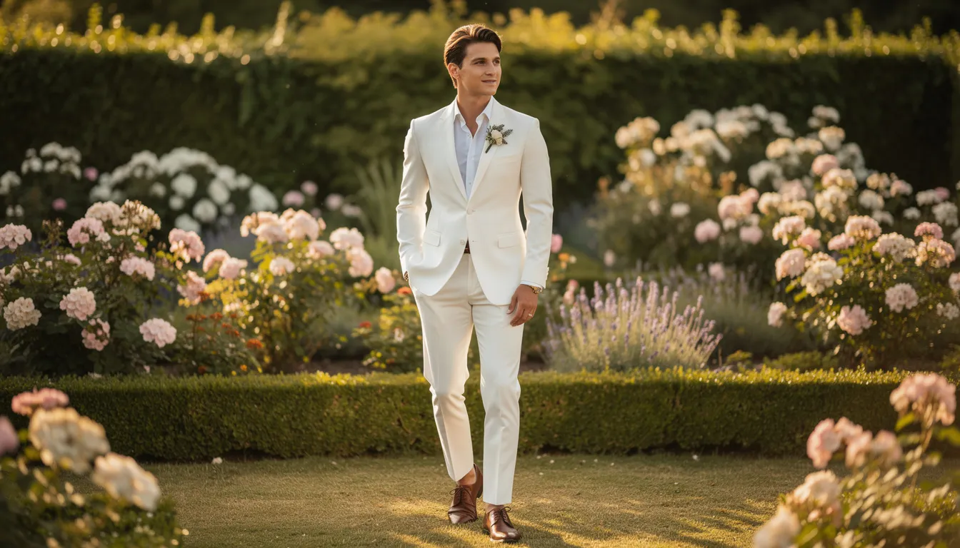 Biały garnitur na ślub – dla kogo, kiedy i jak go wystylizować? 12 Pan młody w eleganckim, białym garniturze ślubnym stoi w oświetlonym słońcem ogrodzie, otoczony zielonymi żywopłotami i kwitnącymi krzewami. Jego stylizacja emanuje klasą i idealnie pasuje do wyjątkowego dnia, który celebruje.
