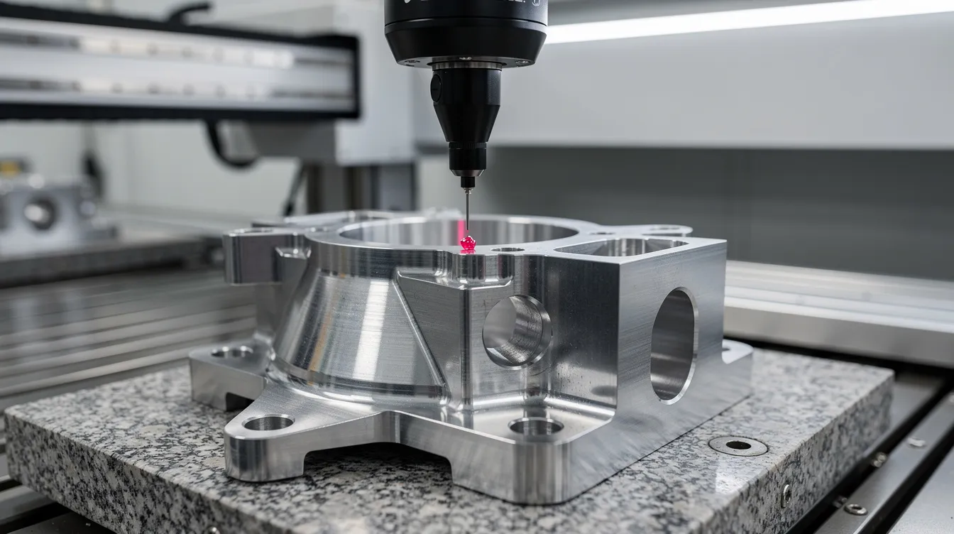 A coordinate measuring machine probe is inspecting a precision CNC machined metal part, ensuring tight tolerances and strict quality control. This process highlights the importance of precision machining in producing high-quality parts for various industries, including consumer electronics and medical devices.