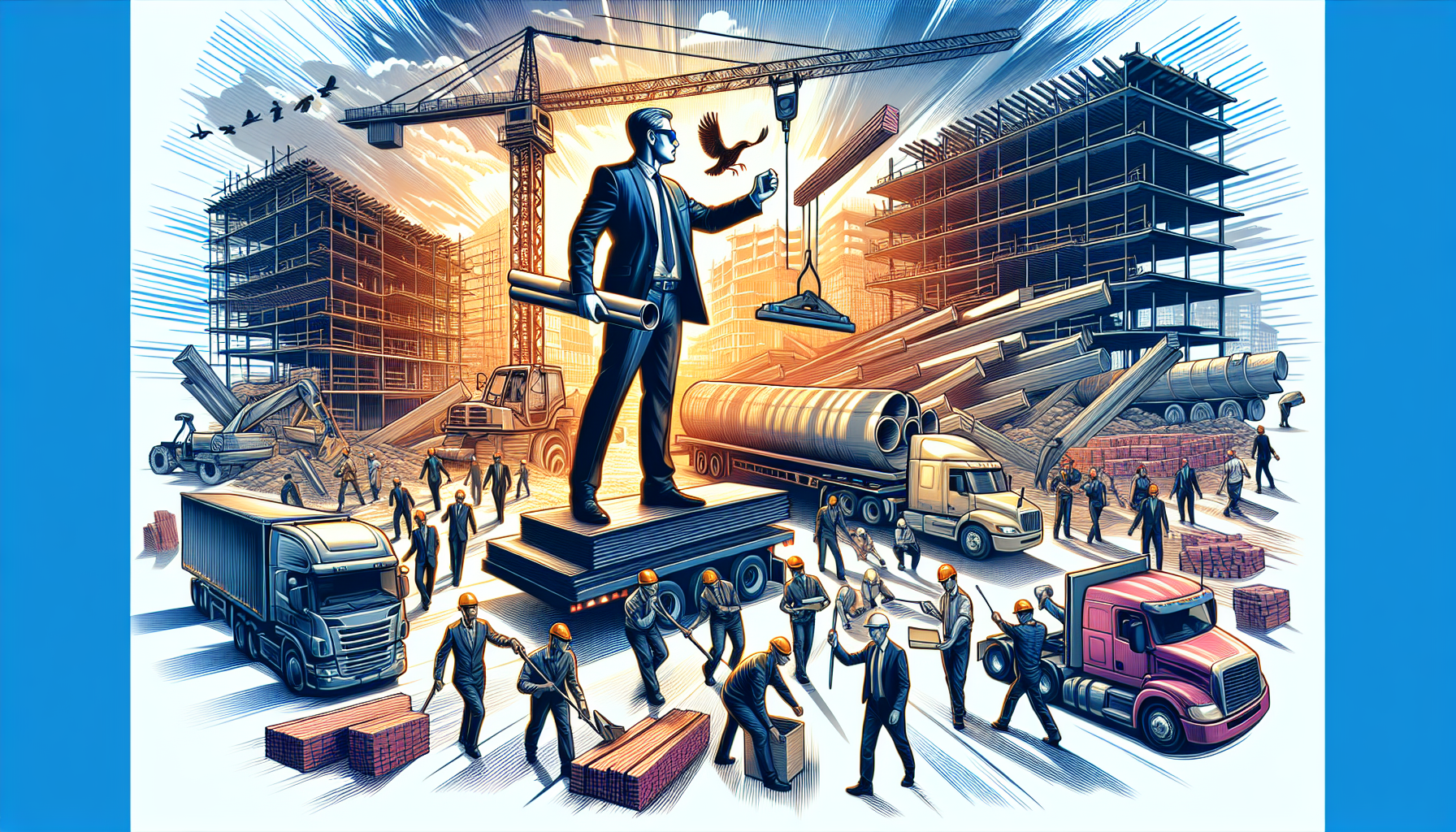 Illustration of a general contractor managing subcontractors and suppliers at a construction site