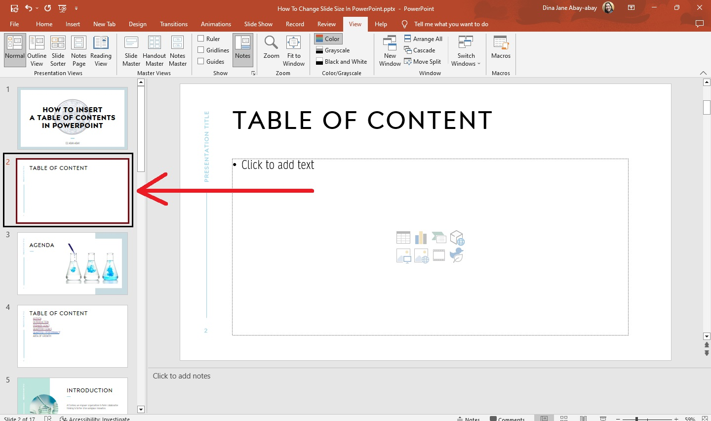 Select the table of contents slide.