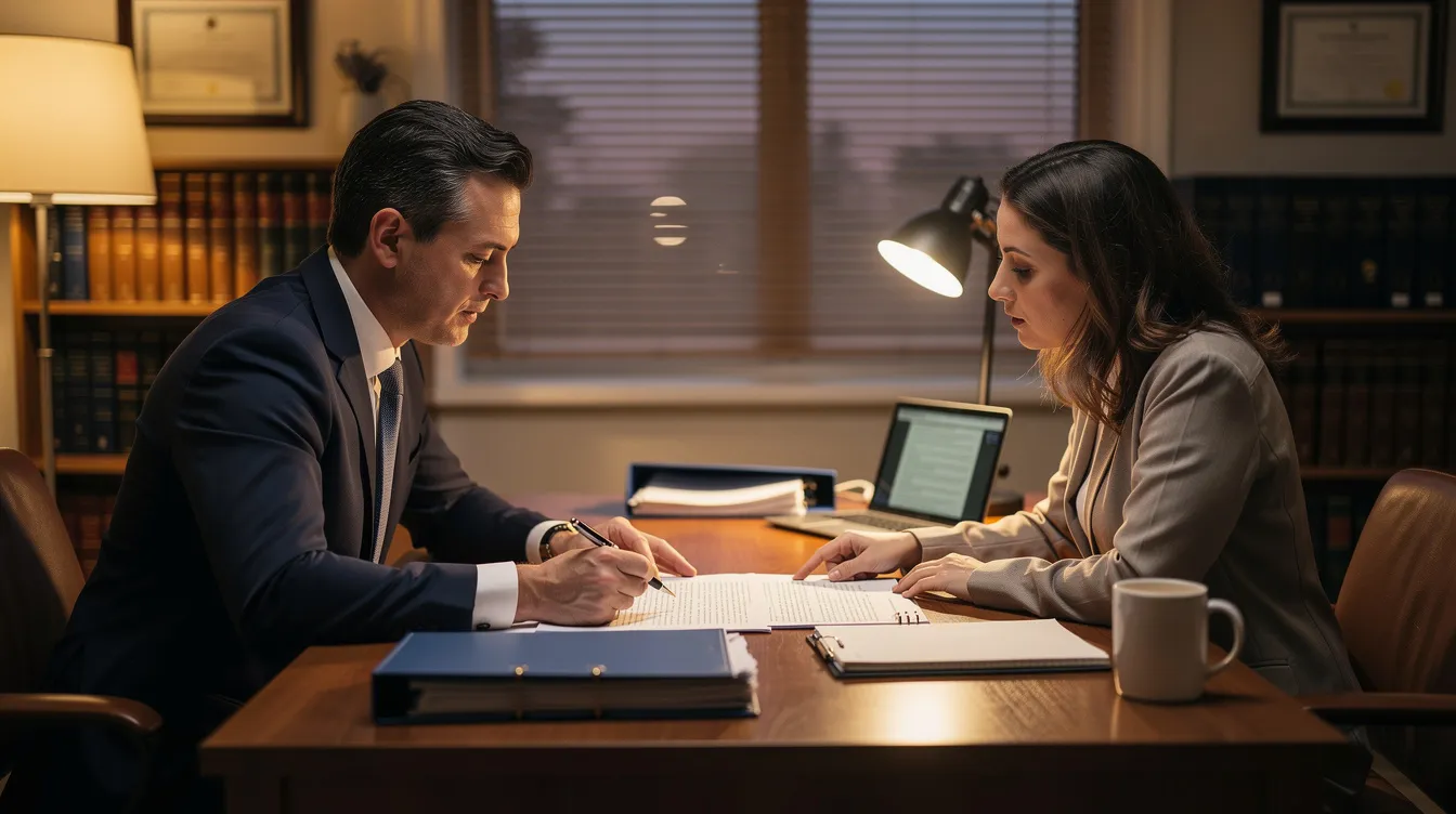 A lawyer and a client are seated at a desk in a warmly lit office, reviewing documents related to dog bite cases. The scene conveys a sense of professionalism and support, emphasizing the importance of legal strategies for dog bite victims seeking rightful compensation for their injuries.