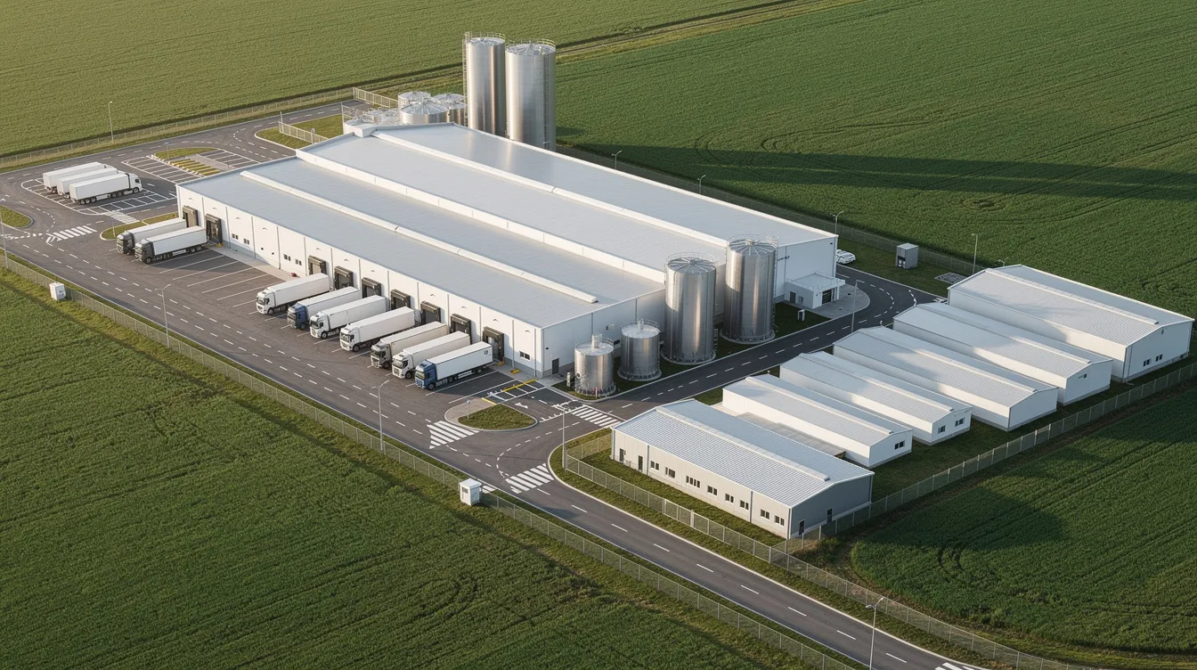 An aerial view of a large modern dairy processing facility showcases multiple process systems and automated dairy processing equipment, including loading docks and storage buildings designed for efficient handling of raw milk and other raw materials. The facility emphasizes food safety and process efficiency, supporting a diverse range of dairy products and packaging lines.