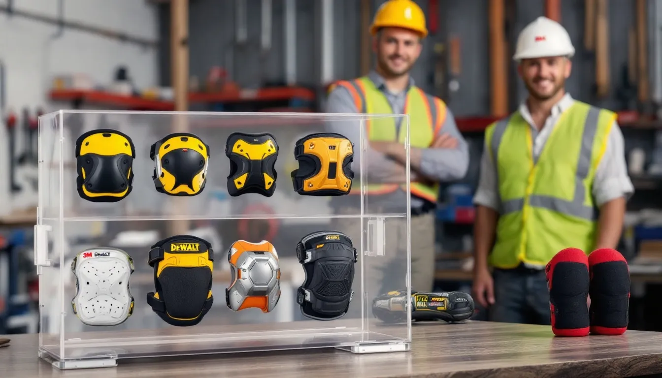 An image illustrating the importance of knee protection at work, showcasing various knee pads.