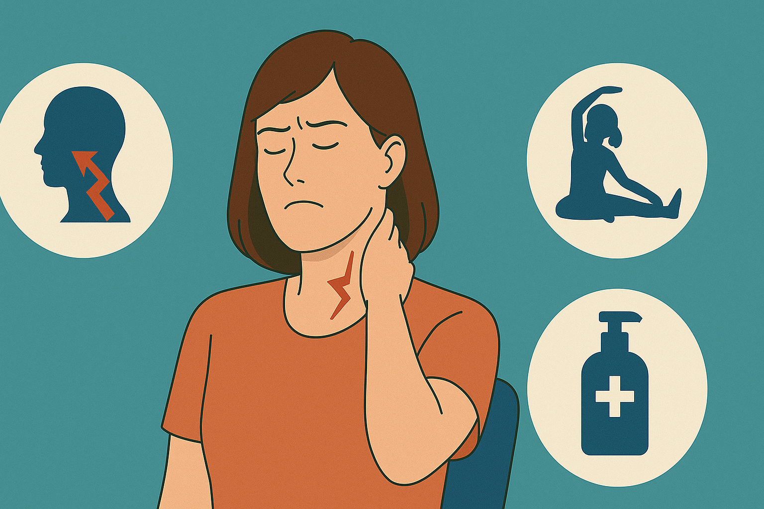 Vondt i nakke? Årsaker, øvelser og behandling som faktisk virker 2 En kvinne med smertefullt uttrykk holder nakken, omgitt av ikoner som symboliserer årsaker, øvelser og behandling for nakkesmerter.