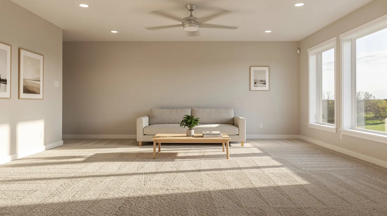 The image depicts a bright and clean living room featuring fresh-looking beige carpet, illuminated by afternoon sunlight streaming through the windows. A ceiling fan adds a refreshing breeze, creating a welcoming atmosphere ideal for enjoying clean carpets, free from sticky residue and tough stains.