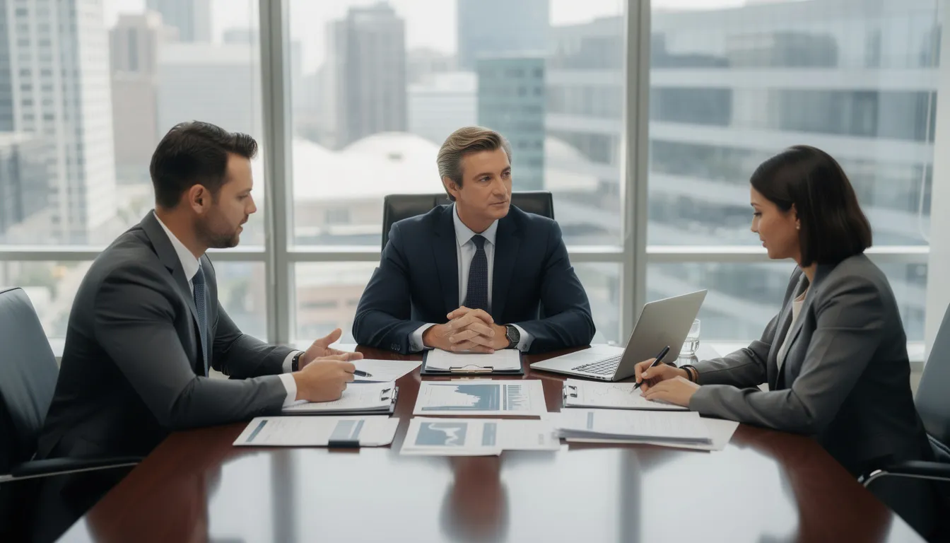 A lawyer and clients are engaged in a professional consultation meeting, discussing various financial documents related to bankruptcy. The atmosphere is focused and collaborative, as the experienced attorneys provide compassionate representation to help the clients navigate the bankruptcy process and achieve financial freedom.