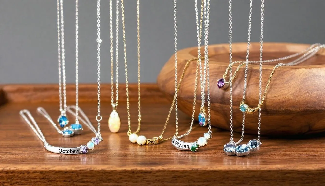 The image showcases a variety of personalized October birthstone necklaces featuring opal and tourmaline stones, with intricate engravings that highlight customization options. These elegant pieces of opal jewellery reflect the vibrant colours of precious gems, symbolizing hope and purity for those born in October.