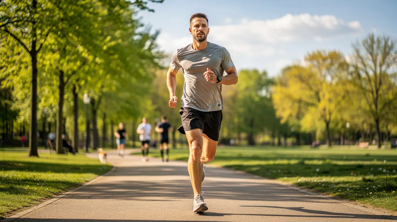 The image shows a confident man wearing athletic clothing, jogging through a sunny park, embodying an active lifestyle that promotes male sexual health and boosts sexual stamina. His determined expression suggests a focus on improving physical fitness, which can enhance sexual performance and overall well-being.