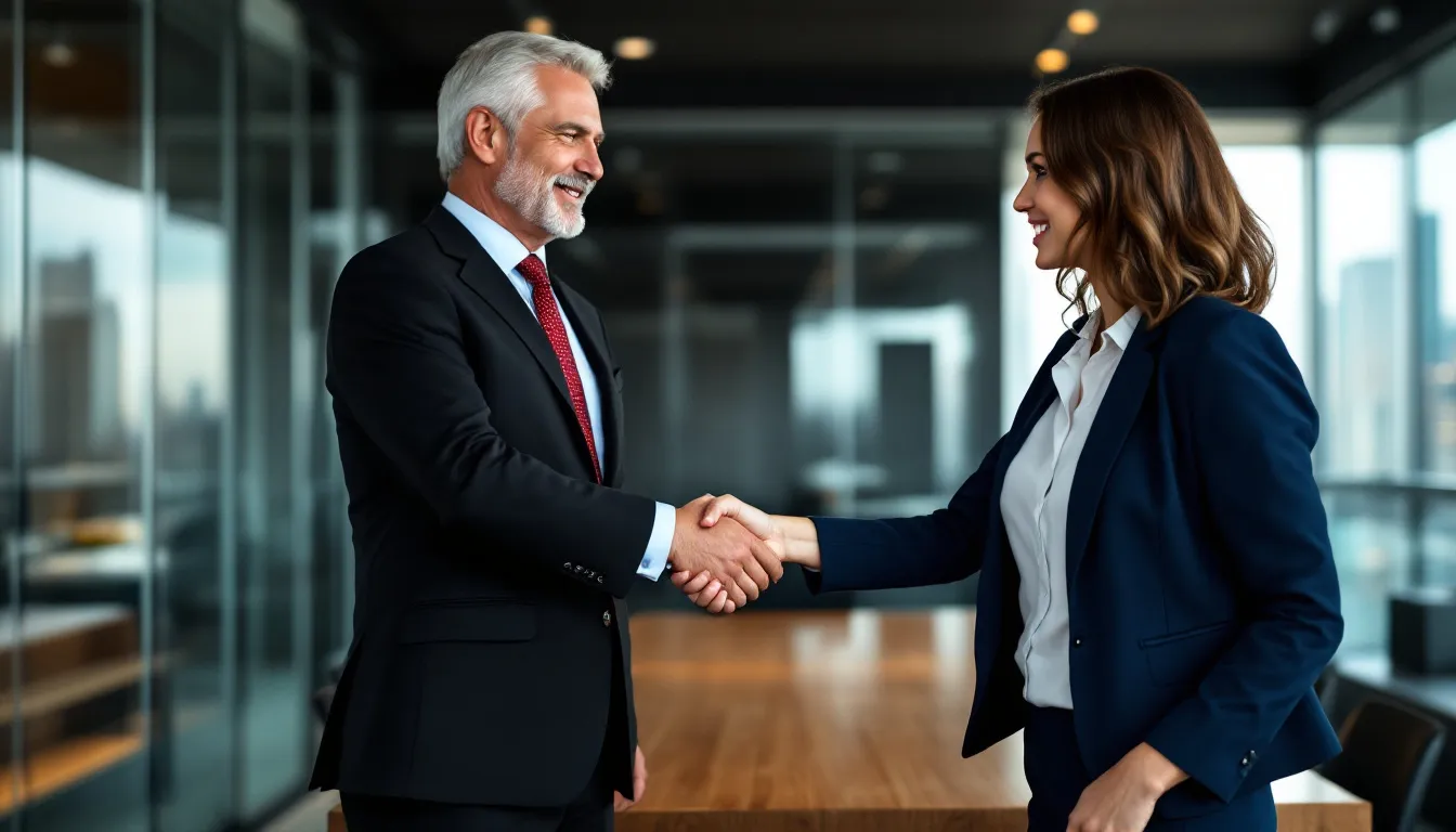 The image depicts a professional handshake between a business owner and an employee representative, symbolizing the transfer of ownership and the potential tax advantages of employee ownership schemes. This gesture signifies collaboration and mutual agreement on rewarding employees through share options and engagement in the company's future.