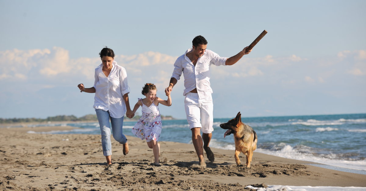 Family running on the Jersey Shore beach with their dog enjoying a pet friendly vacation rental in New Jersey.