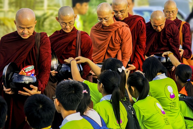 sangha, theravada monks in alms-round, offering to the sangha