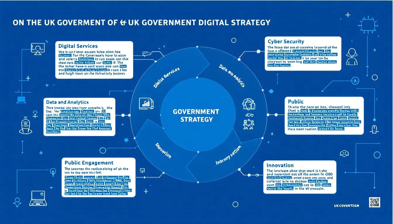 The image illustrates the key components and objectives of the UK Government Digital Strategy, highlighting elements like digital skills, digital economy, and digital transformation. It emphasizes the importance of innovative digital technologies and infrastructure to support the growth of the tech sector and enhance public services in the digital world.