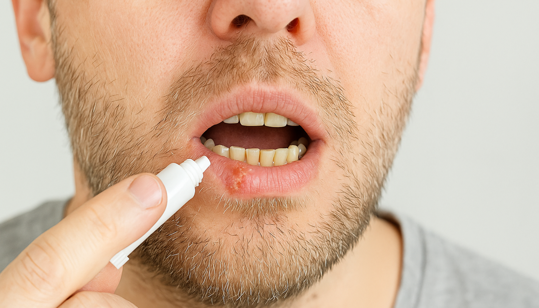 Mann påfører salve på forkjølelsessår på leppen, med åpen munn og fokusert blikk, viser behandling av utbrudd. herpes herpes simplex virus genital herpes herpes simplex type herpes simplex type 1 første utbrudd finnes to typer type 1 nye utbrudd type 2 hsv 1 hsv 2 herpes i underlivet resten av livet første utbruddet hyppige utbrudd utbrudd svært vanlig nedsatt allmenntilstand flere ganger bruke kondom hsv viruset behandling 10 dager hos smitte smittet herpesvirus symptomer sår ofte sykdom første dager forkjølelsessår under får finnes infeksjon rundt fleste svært barn herpesutbrudd fødsel antivirale blemmer sårene bør gir vanlig utbruddet barnet aciklovir munnen mor mulig andre residiv huden hud uker vanligvis underlivet nye kroppen sex kommer kontakt kalles legemidler smertefulle gjennom tabletter livet derfor kondom mest tidligere