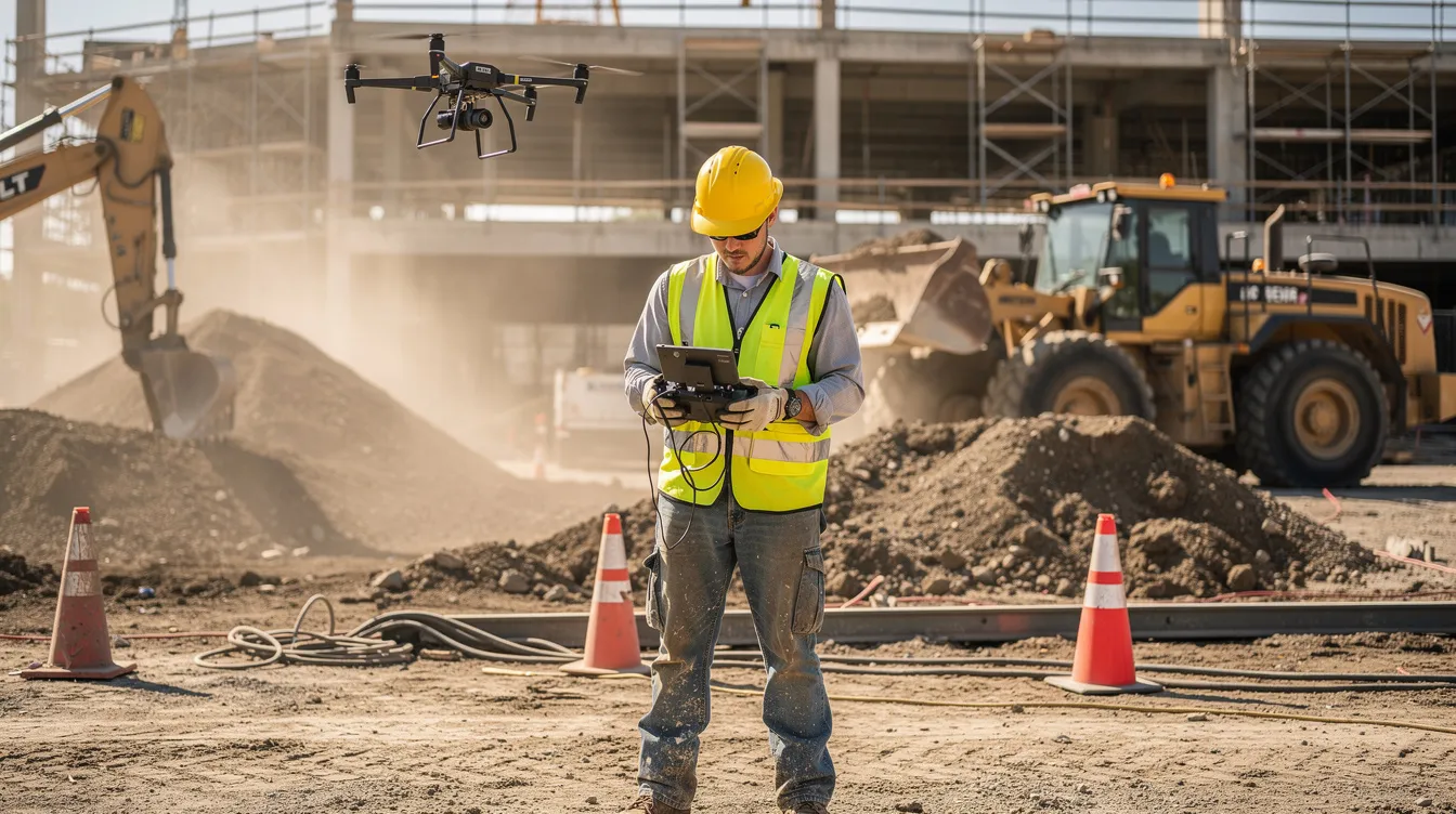 A construction worker is focused on operating a drone controller at an active job site, surrounded by heavy equipment. This scene highlights the integration of advanced safety technologies in the construction industry, which aims to enhance worker safety and identify potential safety hazards.