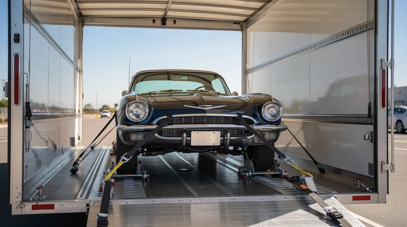 A classic car is securely parked inside an enclosed transport trailer on a sunny day, showcasing its pristine condition. This scene highlights the use of enclosed auto transport services, ensuring the vehicle is well-protected during its journey.
