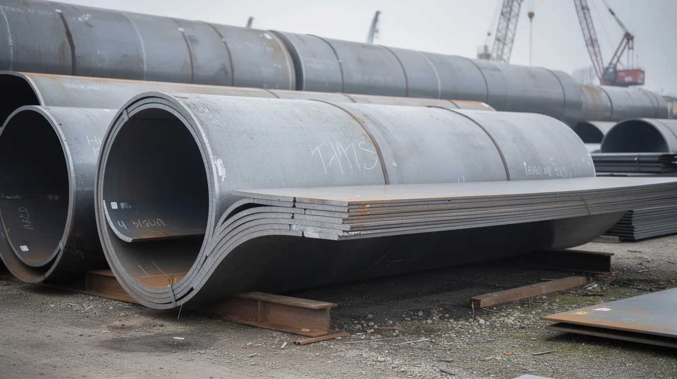 The image depicts industrial cylindrical steel shells stacked in a fabrication yard, showcasing rolled plate sections that are ready for welding. These steel plates, part of the manufacturing process, highlight the precision of the steel plate rolling technique used to create uniform thickness and various shapes for pressure vessels and other applications.