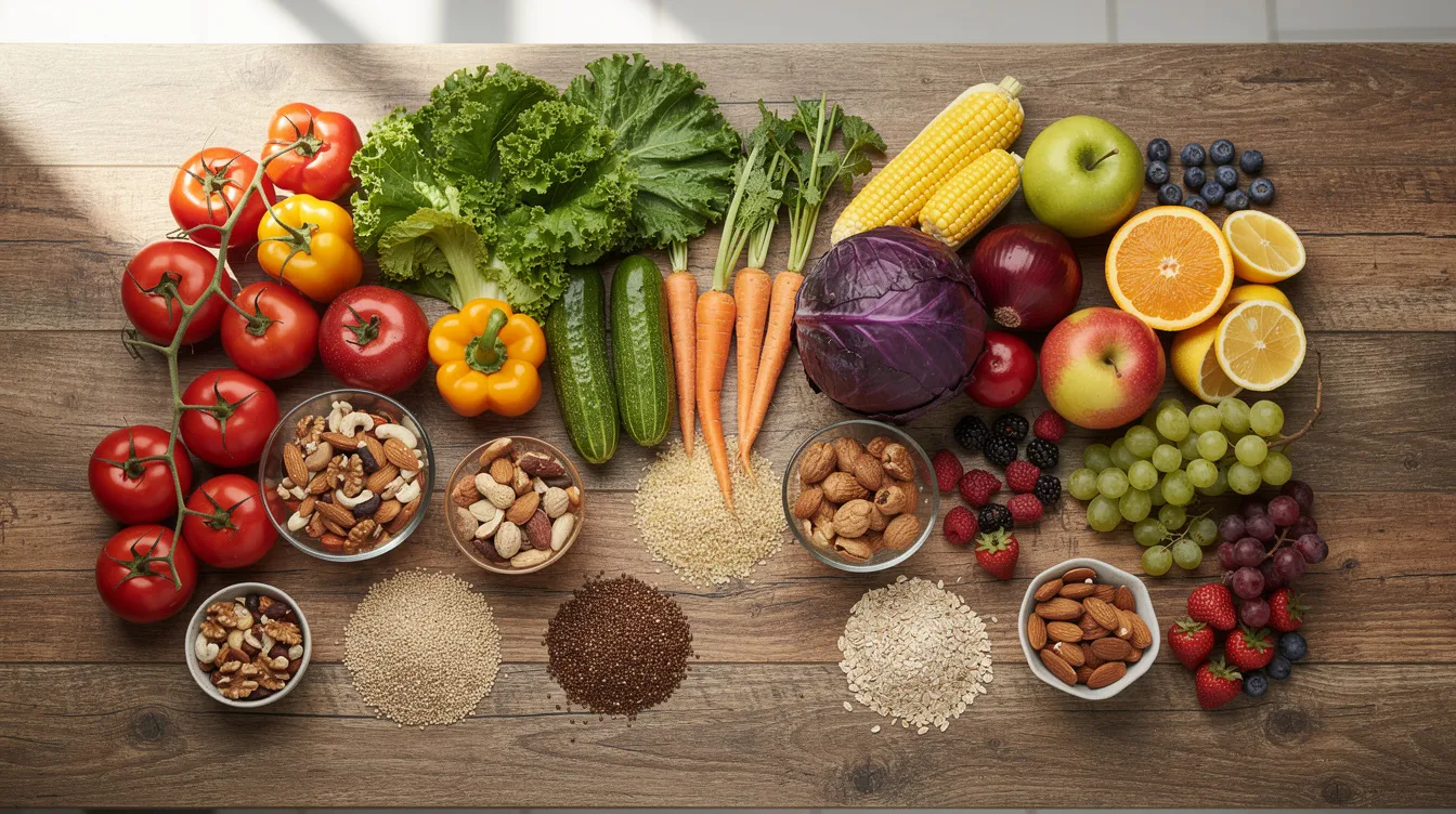 The image features a vibrant assortment of fresh vegetables, fruits, nuts, and whole grains artfully displayed on a wooden kitchen counter, promoting healthy eating and heart health. This colorful spread highlights foods that can help lower cholesterol levels and support a healthy lifestyle, emphasizing the importance of incorporating heart-healthy foods into one's diet.