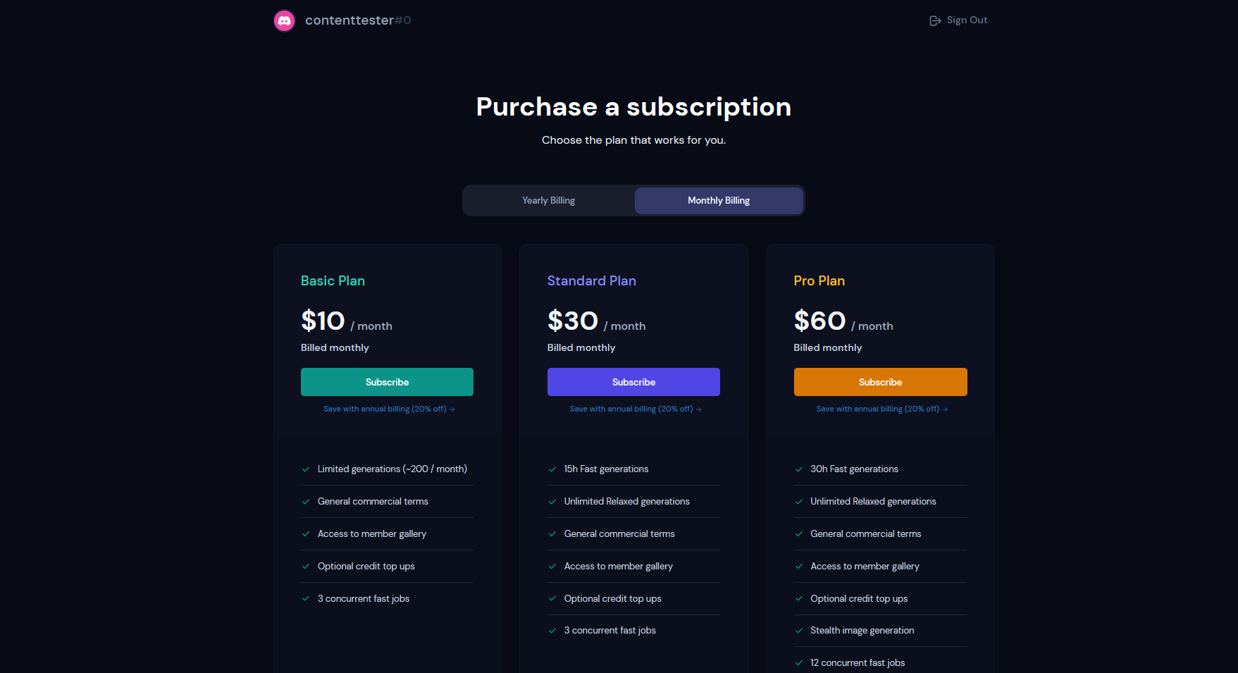 The subscription plans for Midjourney.