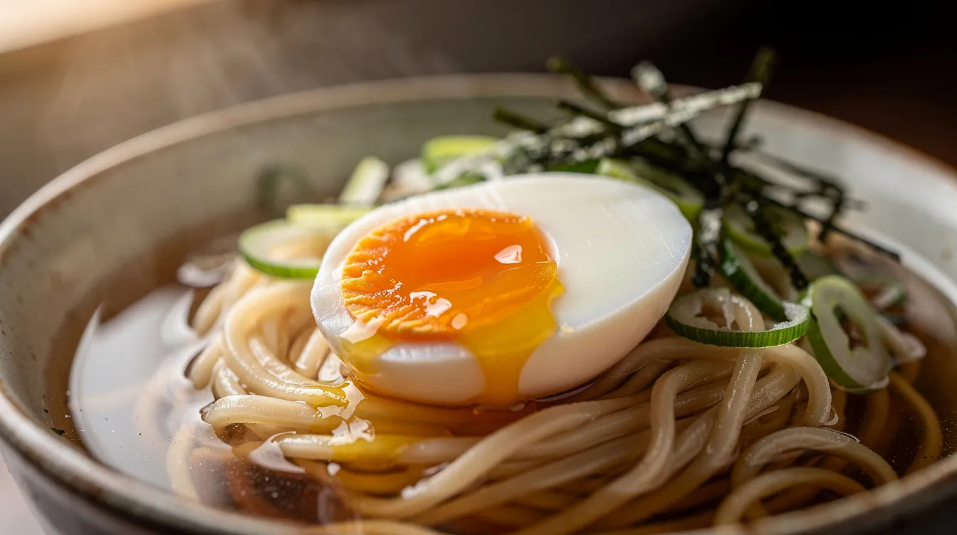 A perfectly halved soft boiled egg with a runny yolk, elegantly placed on a bed of ramen noodles, garnished with green onions.