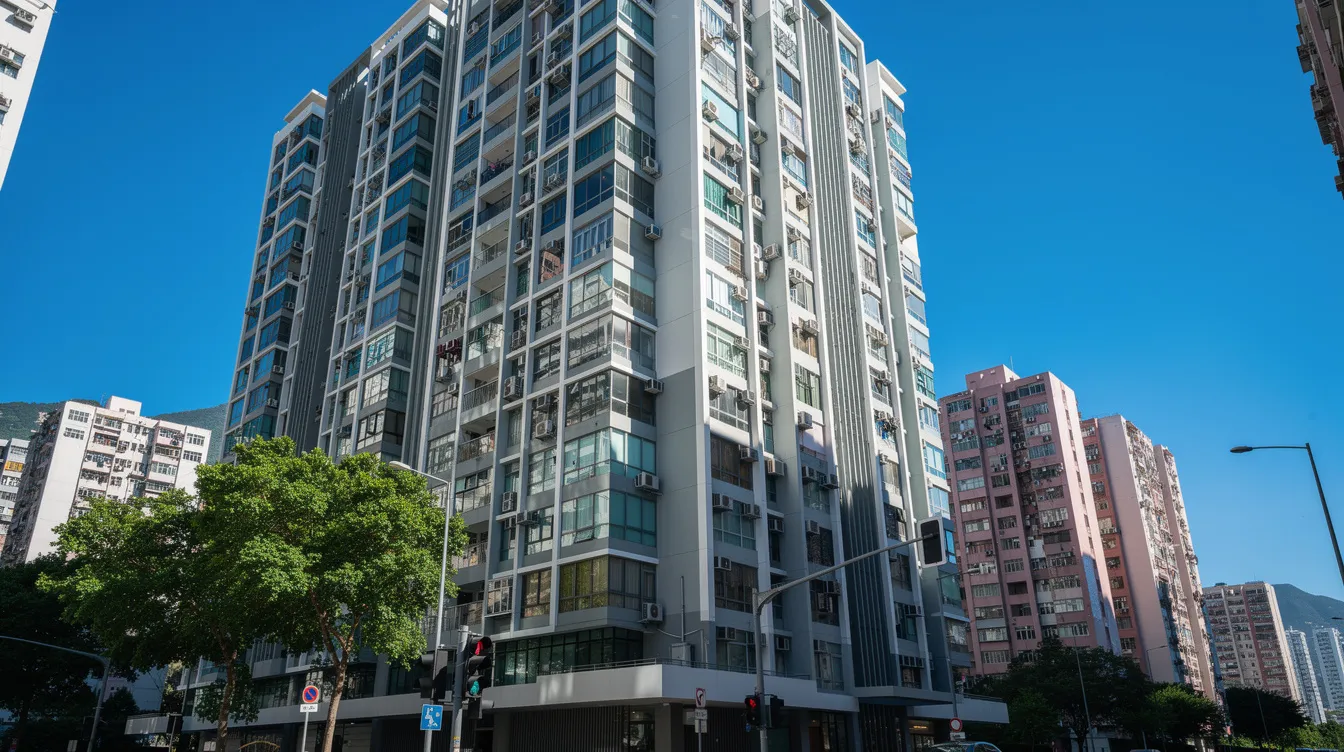 The image shows a modern residential apartment building in Hong Kong set against a clear blue sky, highlighting the contemporary architecture and urban lifestyle. This vibrant scene reflects the dynamic living environment where individuals may seek various financial solutions, such as 免 tu 貸款 or private loans, to enhance their living experience.