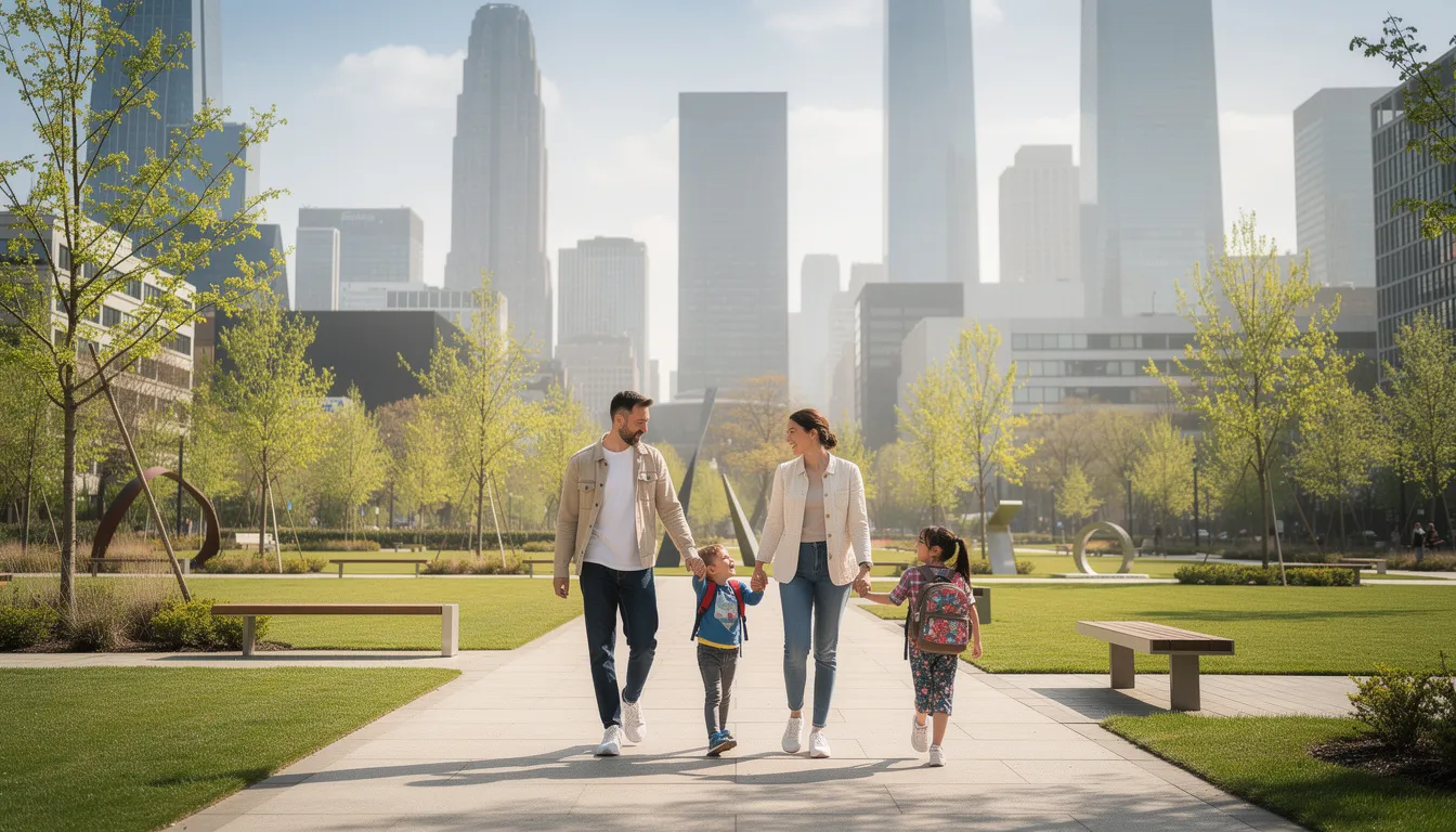 Une famille se promène dans un parc moderne, entourée de verdure, avec une vue impressionnante sur les gratte-ciels de Dubaï. Cette scène illustre la vie dynamique des expatriés aux Émirats Arabes Unis, où le cadre de vie allie nature et urbanisme.