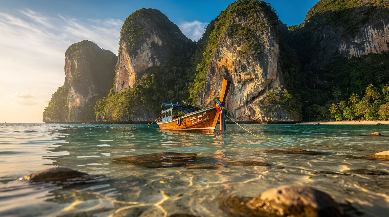 Uma imagem de Koh Phi Phi, na Tailândia, mostrando uma vista deslumbrante de uma praia de areia branca cercada por águas cristalinas e montanhas verdes ao fundo. O cenário evoca a tranquilidade e a beleza natural das ilhas do sudeste asiático, um verdadeiro paraíso para turistas em busca de aventura e relaxamento.