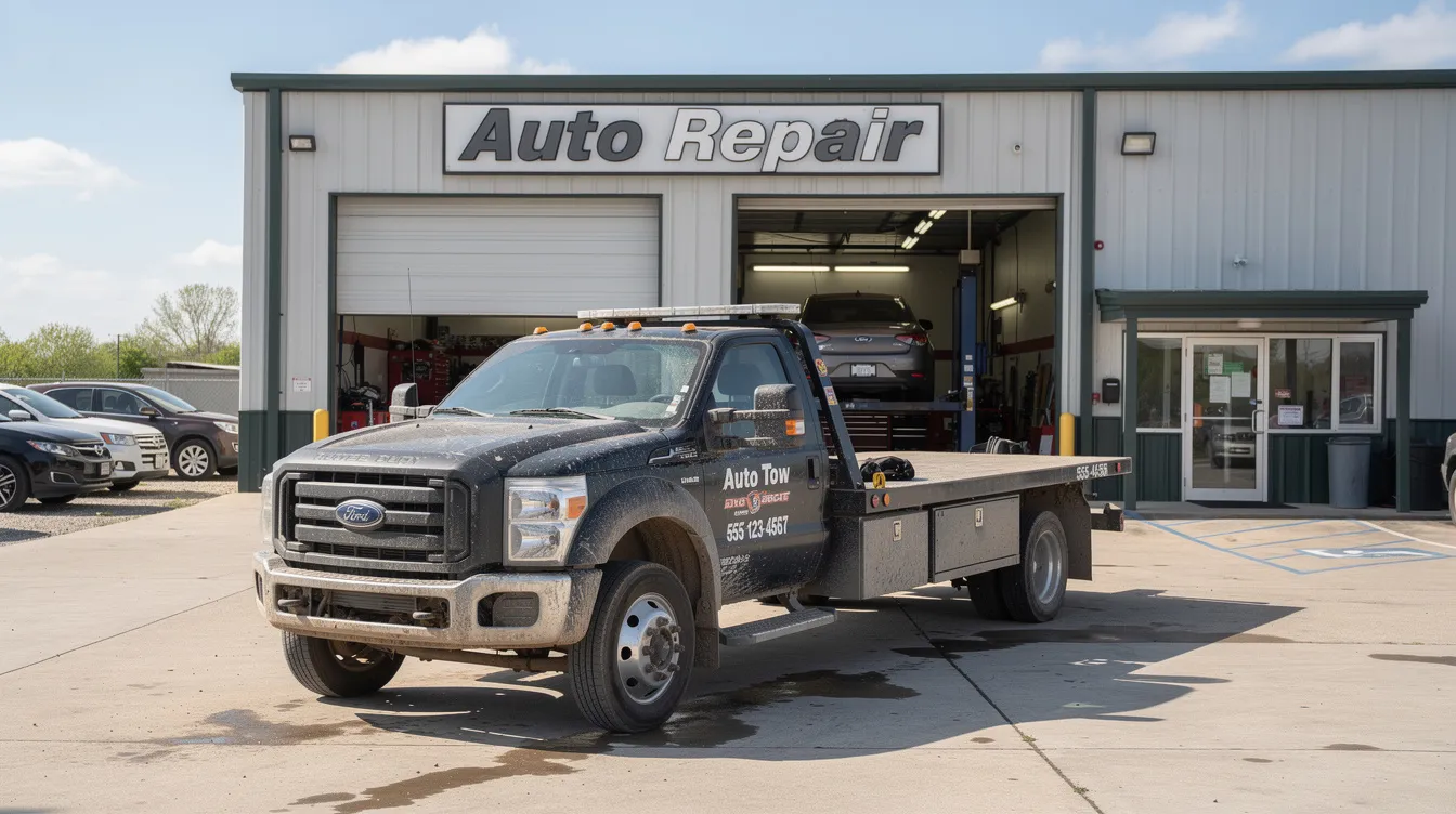 The image shows a tow truck parked outside an auto repair facility, emphasizing the importance of having the right insurance coverage for vehicles. This scene highlights potential insurance needs, such as evaluating current coverage and identifying coverage gaps during an annual renewal review.