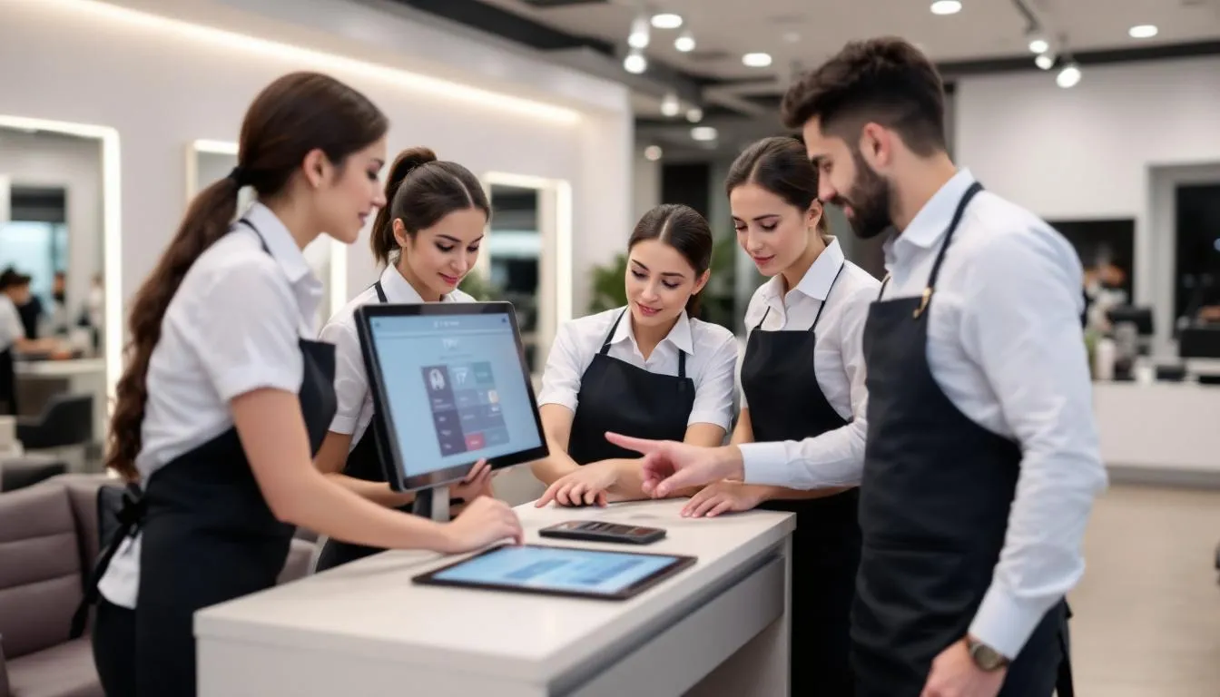 En la imagen, se observa a un grupo de profesionales de un salón de belleza recibiendo capacitación sobre el uso de un terminal punto de venta (TPV). Los participantes están atentos a las instrucciones sobre el software y las funcionalidades del dispositivo para gestionar pagos y ventas de manera eficiente.