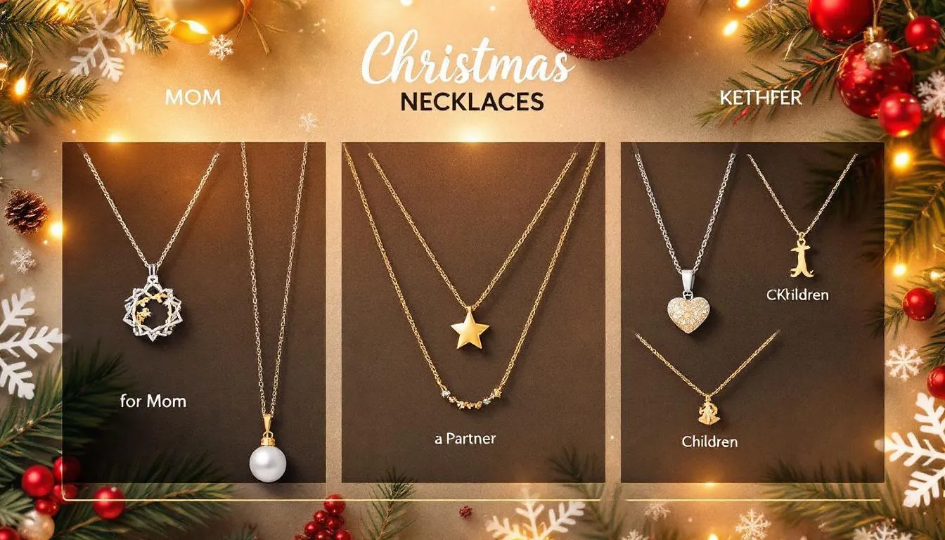 The image showcases a variety of Christmas necklaces displayed elegantly, featuring gold, silver, and pearl options, perfect for different recipients. Each piece reflects unique styles, making them ideal gifts to celebrate the holiday season.