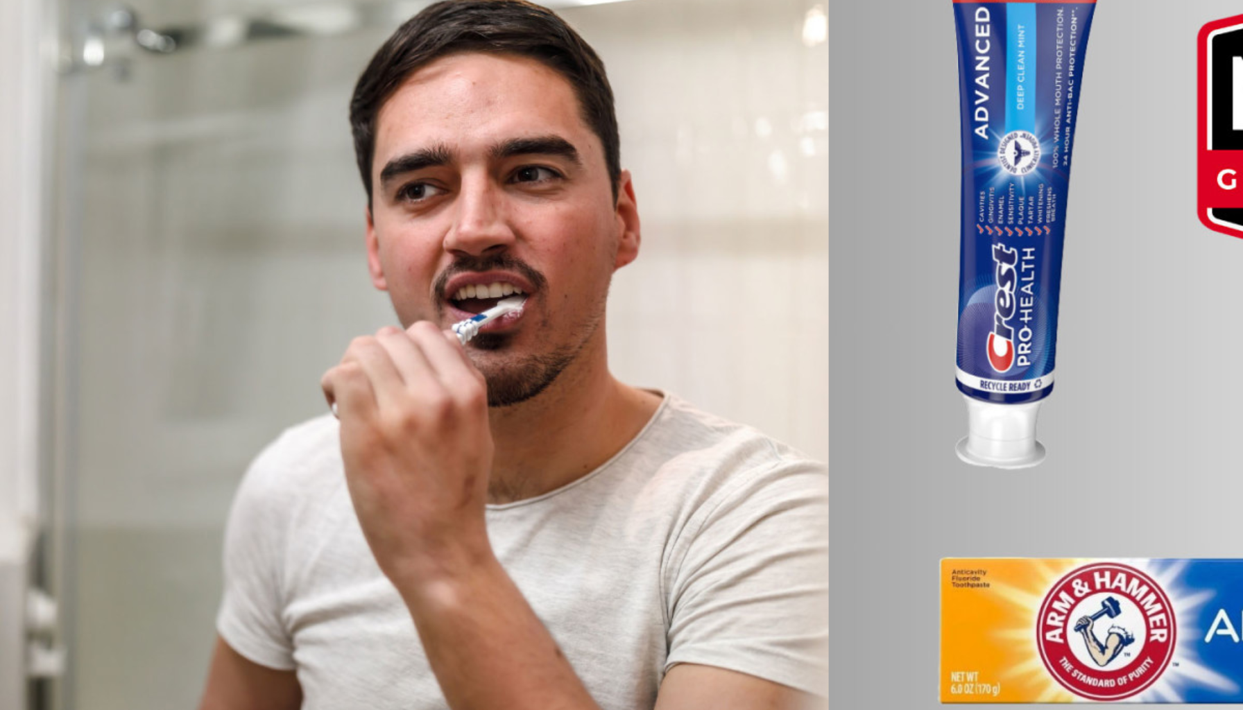 Tannkrem mot ising: Slik finner du riktig type 19 "Mann pusser tennene med tannbørste, ved siden av Crest og Arm & Hammer tannkrem."