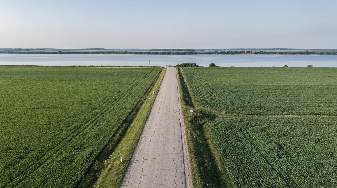 The image depicts a narrow levee road meandering through lush green agricultural land, with the Sacramento River visible in the distance, embodying the scenic charm of Clarksburg wine country. This tranquil setting invites visitors to explore the fertile soils and vineyards that produce award-winning wines in the region.