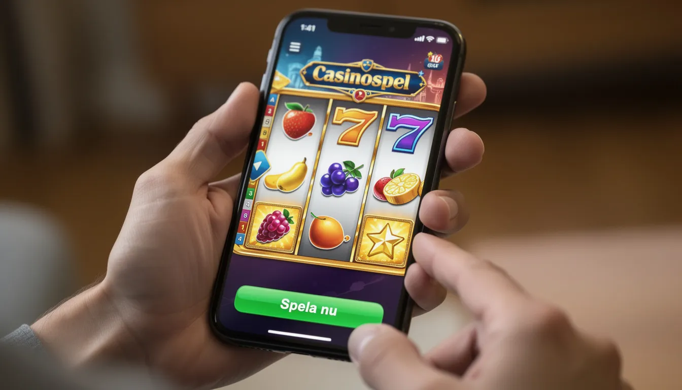 En person håller i en smartphone där casinospel från Golden Bull är synliga på skärmen. Mobilen visar en färgglad och interaktiv spelupplevelse, vilket ger en känsla av spänning och underhållning hos Golden Bull casino.