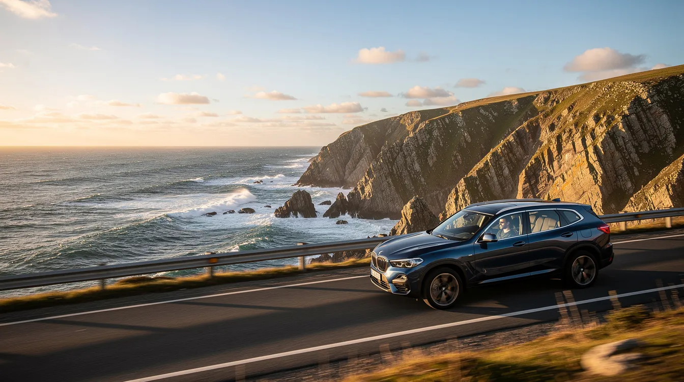 An SUV drives along a coastal road overlooking the Atlantic Ocean.