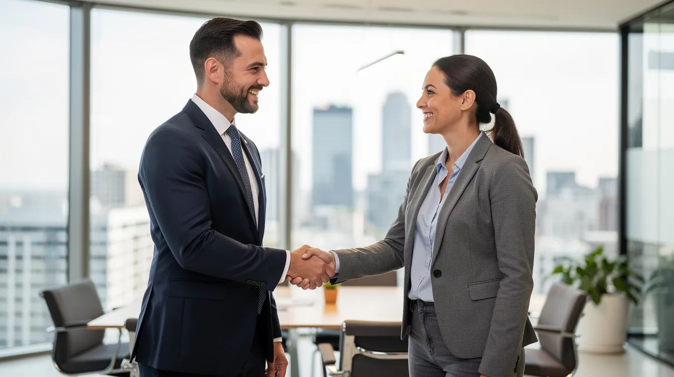 In a modern office setting, two professionals are shaking hands, symbolizing a successful business agreement. This interaction may relate to topics such as credit card processing fees and payment processing, highlighting the importance of establishing partnerships in financial transactions.