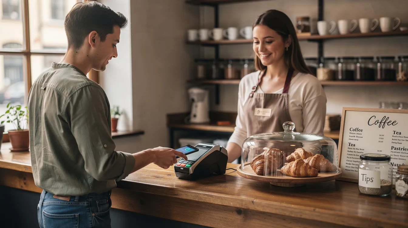 A customer is using their phone to make a payment at a small cafe counter, while a smiling barista stands nearby, creating a friendly customer experience. This scene highlights the convenience of modern payment methods and the importance of loyalty programs in fostering repeat business among loyal customers.