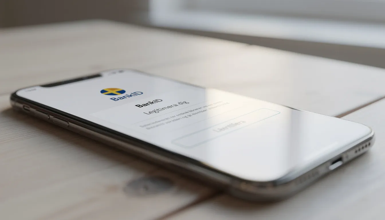 En smartphone ligger på ett bord och visar en BankID-verifiering på skärmen, vilket indikerar en säker inloggning. Denna typ av verifiering är vanlig när man spelar bingo online eller gör insättningar och uttag på svenska bingosajter.