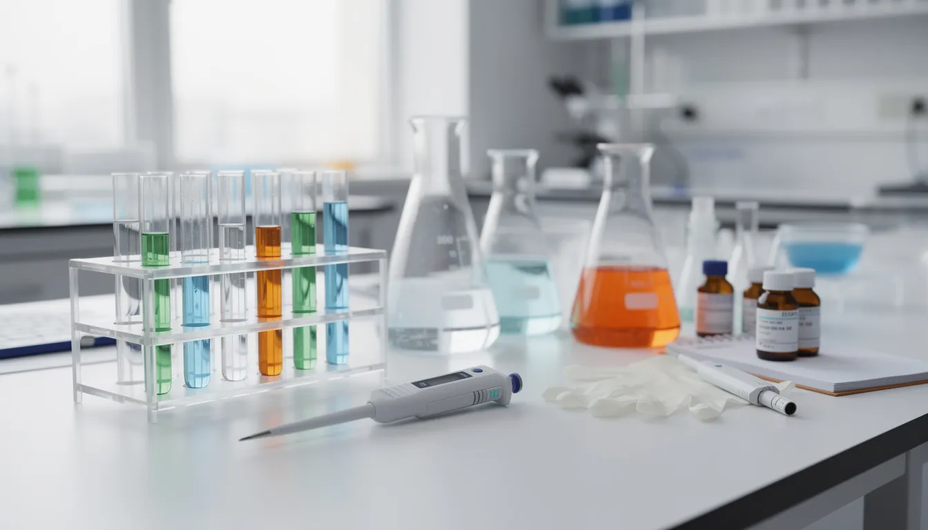 Auf einem Labortisch sind verschiedene Laborgeräte und Reagenzgläser angeordnet, die für chemische Experimente und die Untersuchung von Cannabinoiden wie HHC verwendet werden. Die Szene vermittelt einen Eindruck von wissenschaftlicher Präzision und der Erforschung der Wirkung von Substanzen wie 9h HHC.