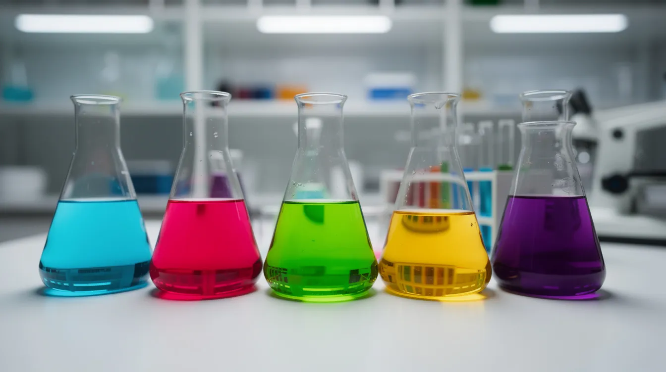 The image depicts an array of colorful chemical solutions in glass beakers, set within a laboratory environment, showcasing various specialty chemicals used in the chemical manufacturing industry. This vibrant display highlights the importance of technical expertise and careful planning in the production of chemical products that cater to multiple sectors, including consumer goods and food processing industries.