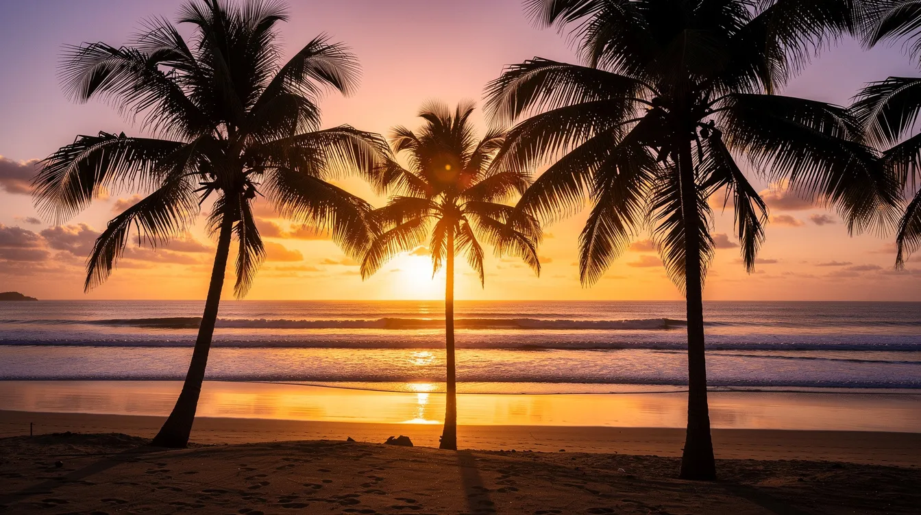 The image depicts a serene beach sunset, with the silhouettes of palm trees framing the vibrant sky as the sun dips below the horizon. This tranquil scene evokes a relaxed environment, perfect for Los Angeles singles looking to unwind after a day of social activities or a fun speed dating event.