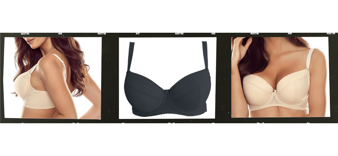 Comexim Elena Padded Plunge Polish bra shown in front, back, and fit views highlighting full-bust support and construction