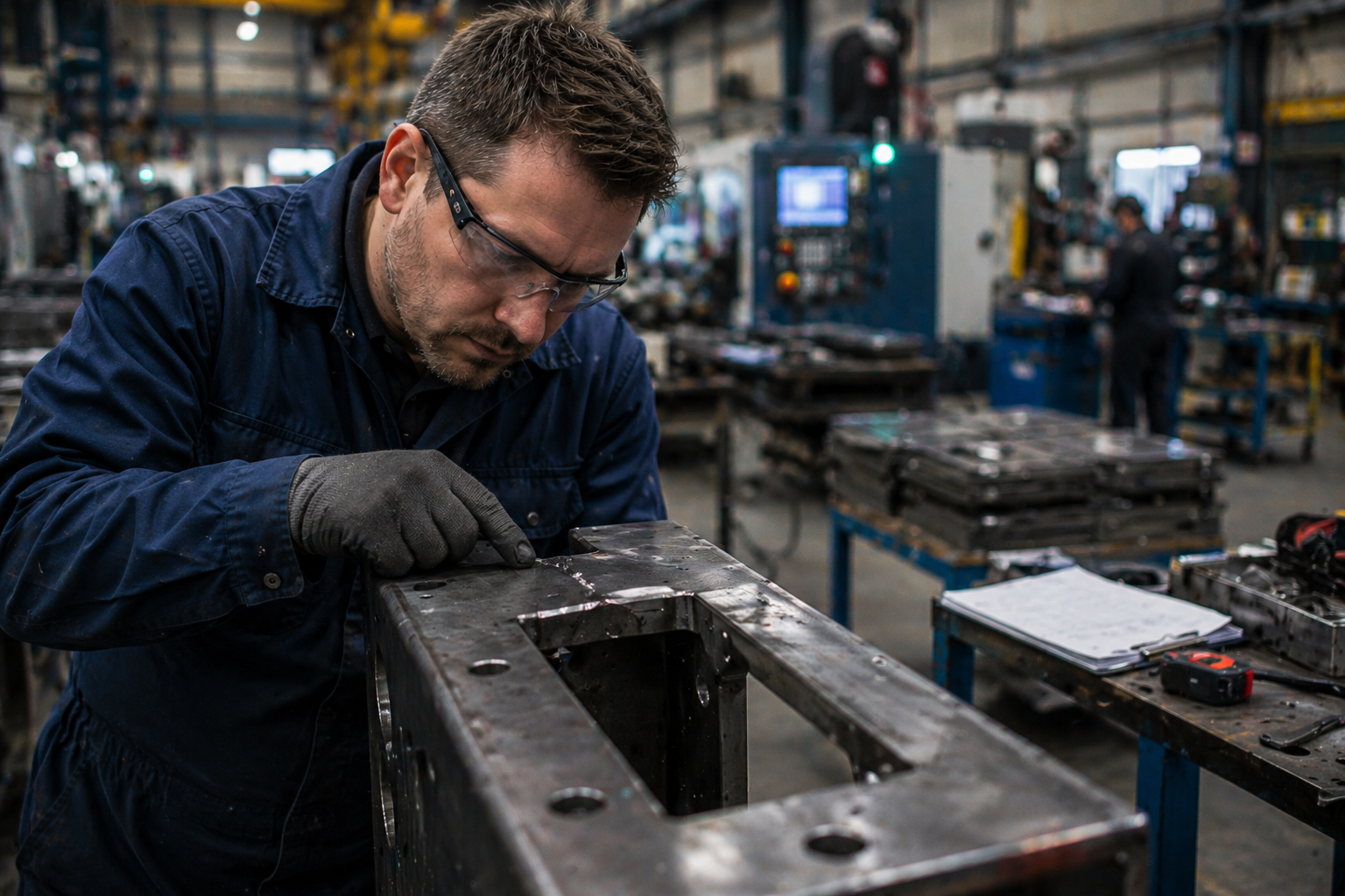 Industrial engineer inspecting manufacturing machinery inside a large production facility.