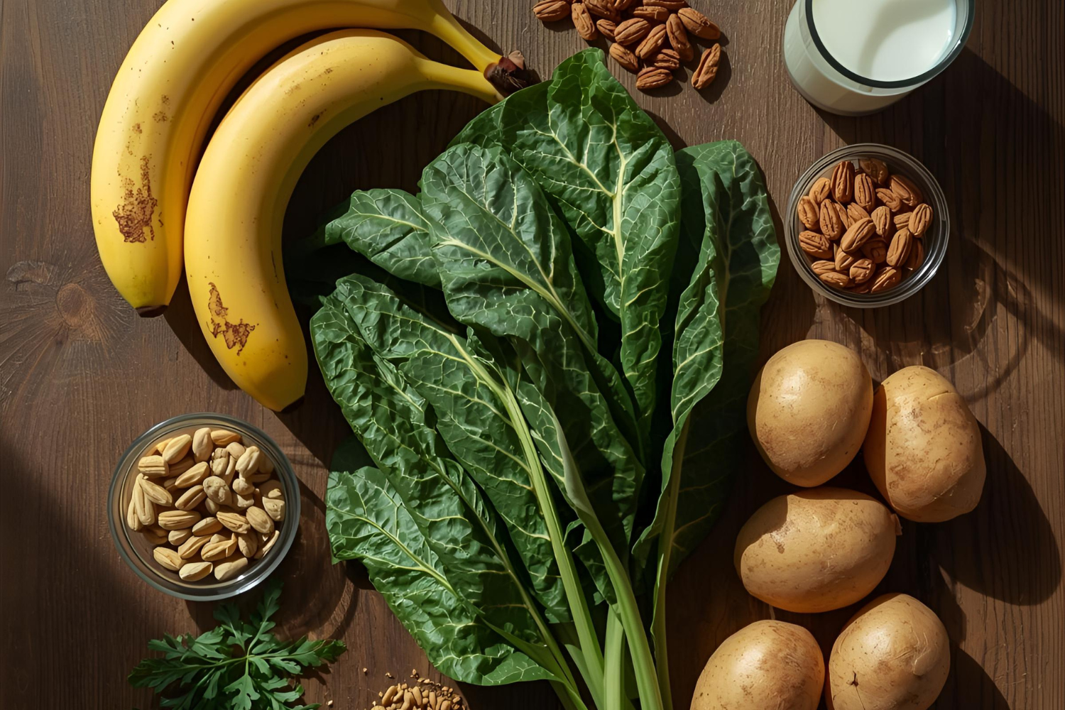 Realistic flat-lay of bananas, leafy greens, potatoes, nuts, and a glass of milk arranged neatly on a wooden surface