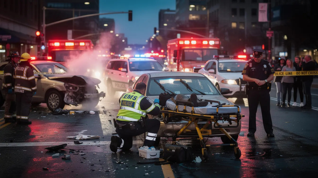 The image depicts emergency responders and police officers at the scene of a traffic accident at a busy intersection in Denver. The responders are assessing the situation, while vehicles involved in the collision show visible damage, highlighting the serious nature of the incident.