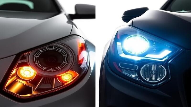 V19 and V35 led headlight bulbs side by side shining bright light