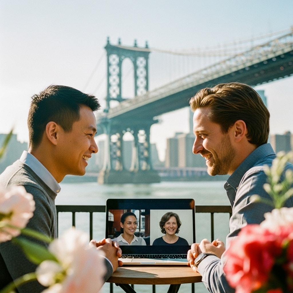 Gay Couple in NYC participating in specialized online therapy that addresses root causes