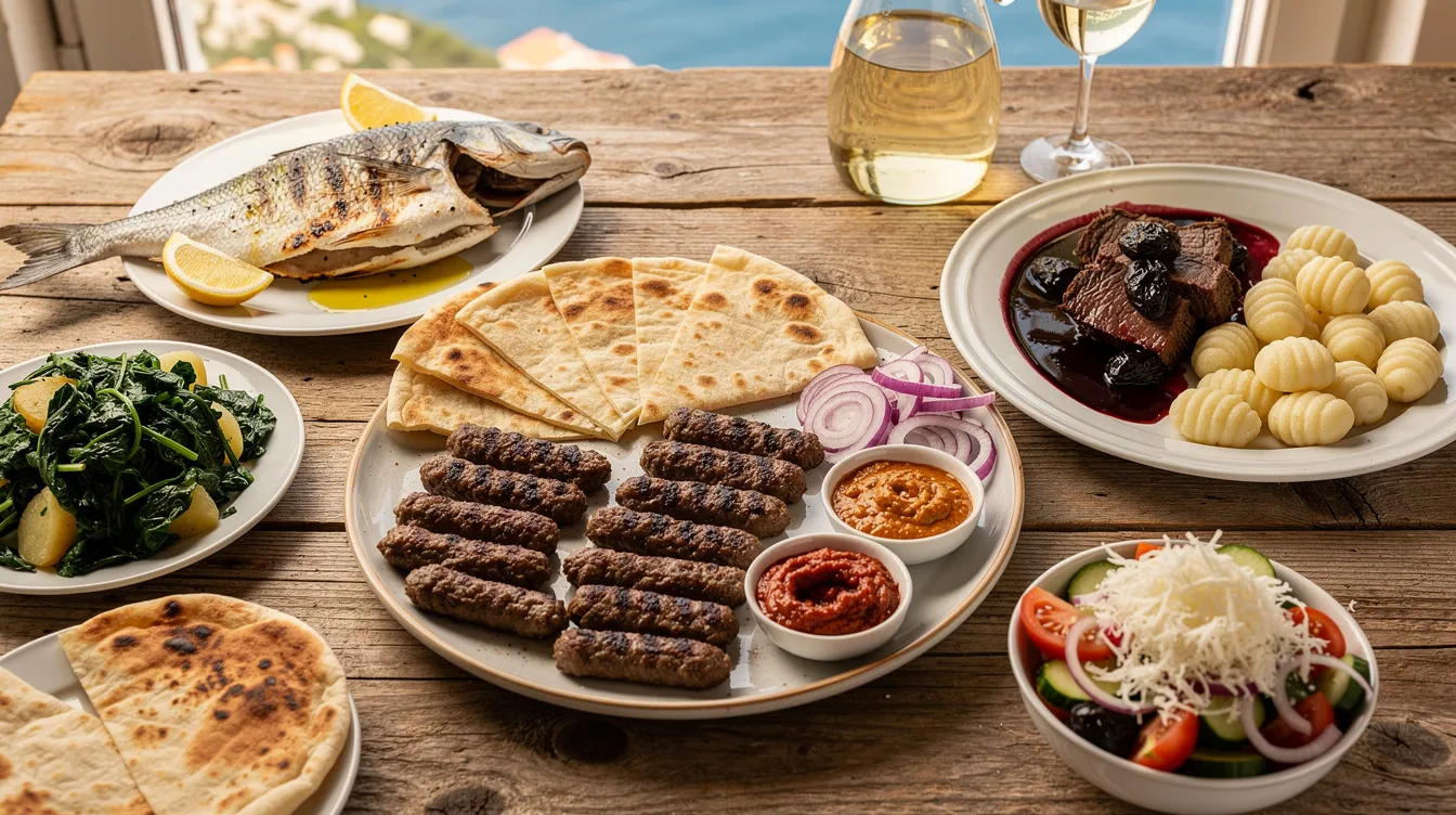A imagem mostra uma variedade de pratos típicos da culinária croata, incluindo frutos do mar frescos e pratos tradicionais, todos dispostos de forma colorida e apetitosa. Essa gastronomia reflete a rica cultura e história da Croácia, um destino popular na Europa, conhecido por suas delícias culinárias à beira-mar.