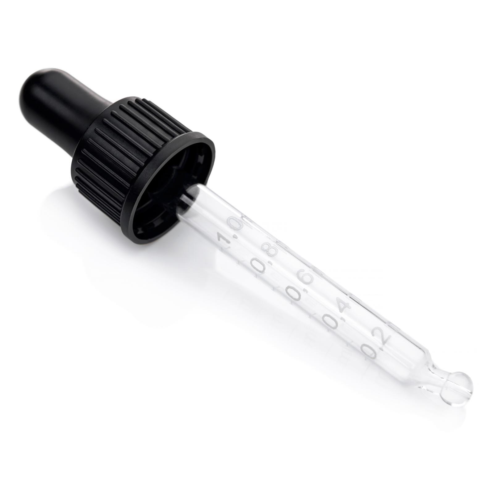 A pipette from a dropper bottle with graduated markings from 0.2 to 1.0ml