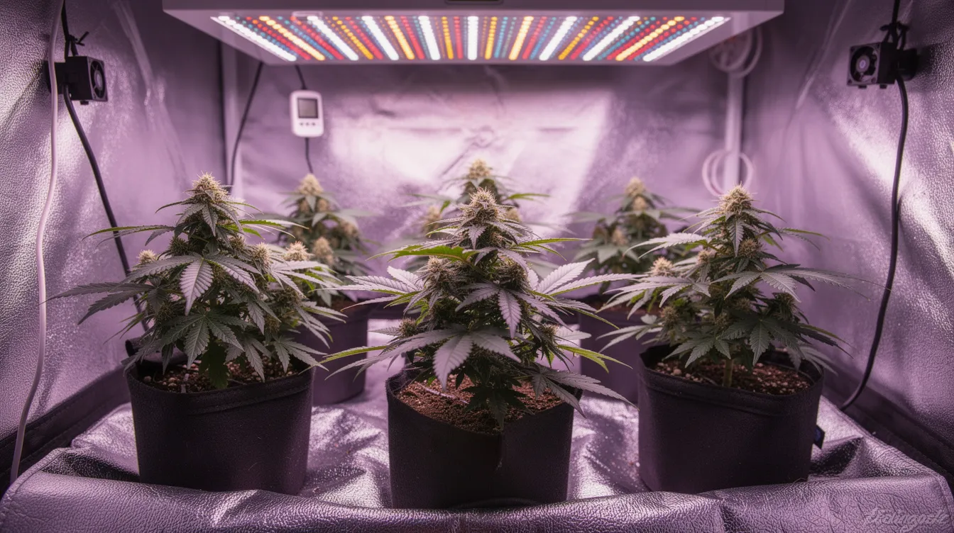 The image features an indoor cannabis grow tent filled with short, bushy plants illuminated by vibrant purple LED lights. The setup suggests a focus on cultivating strains like strawberry cheesecake, known for its sweet aroma and relaxing effects, which may help alleviate physical pain and anxiety.
