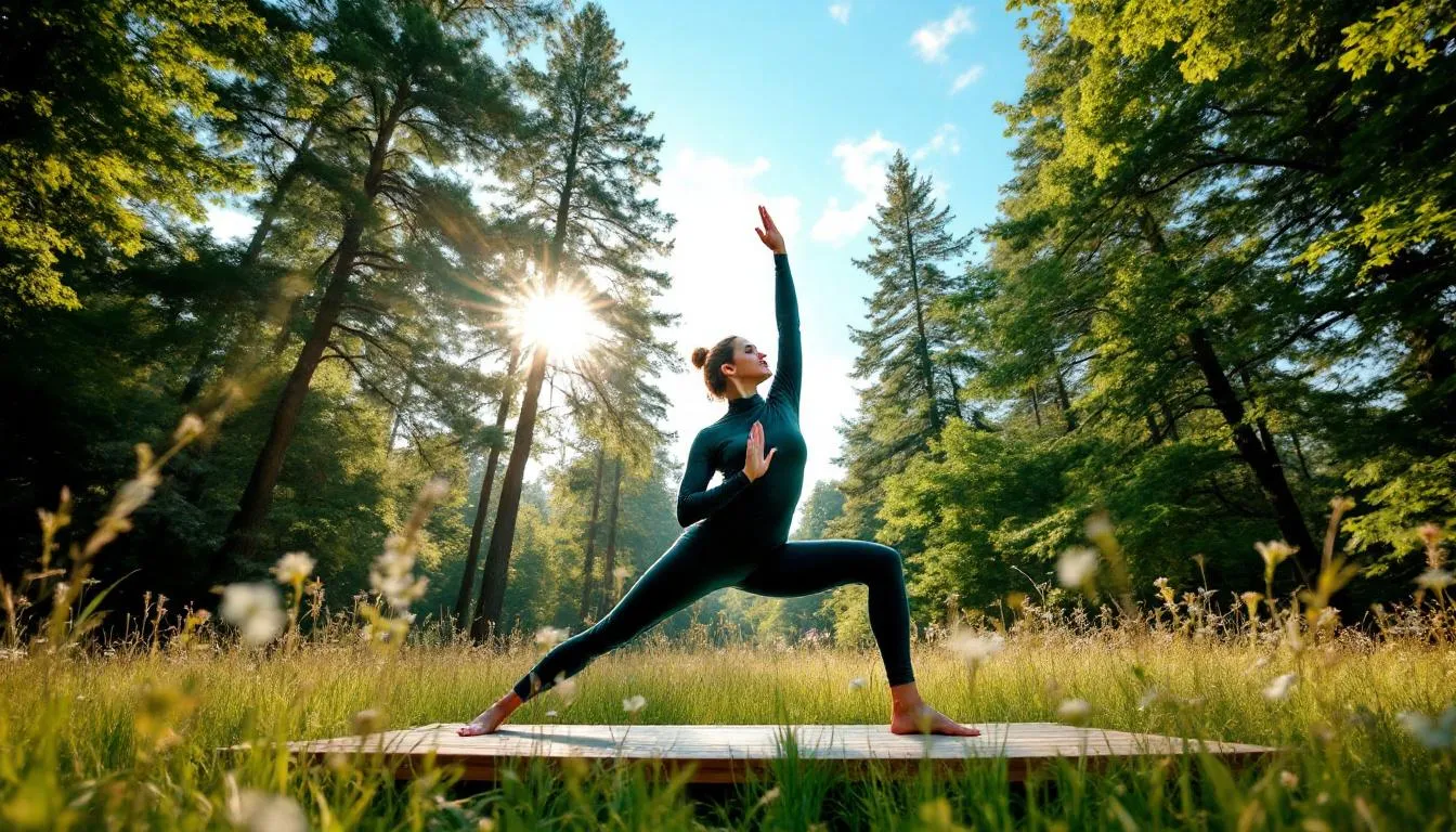A person is practicing yoga in a serene outdoor environment, surrounded by lush greenery and soft sunlight, which promotes relaxation and stress reduction, beneficial for those with irritable bowel syndrome and other gastrointestinal disorders. The tranquil setting emphasizes the importance of mental health and symptom relief for individuals experiencing abdominal pain or other IBS symptoms.
