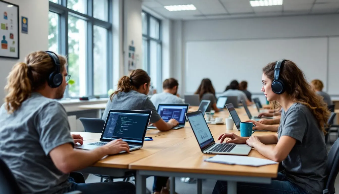 En la imagen, se observan estudiantes trabajando en tareas prácticas con ordenadores en un aula, concentrados en su proceso de aprendizaje. Esta situación refleja el uso de herramientas tecnológicas como parte de su educación y evaluación formativa.